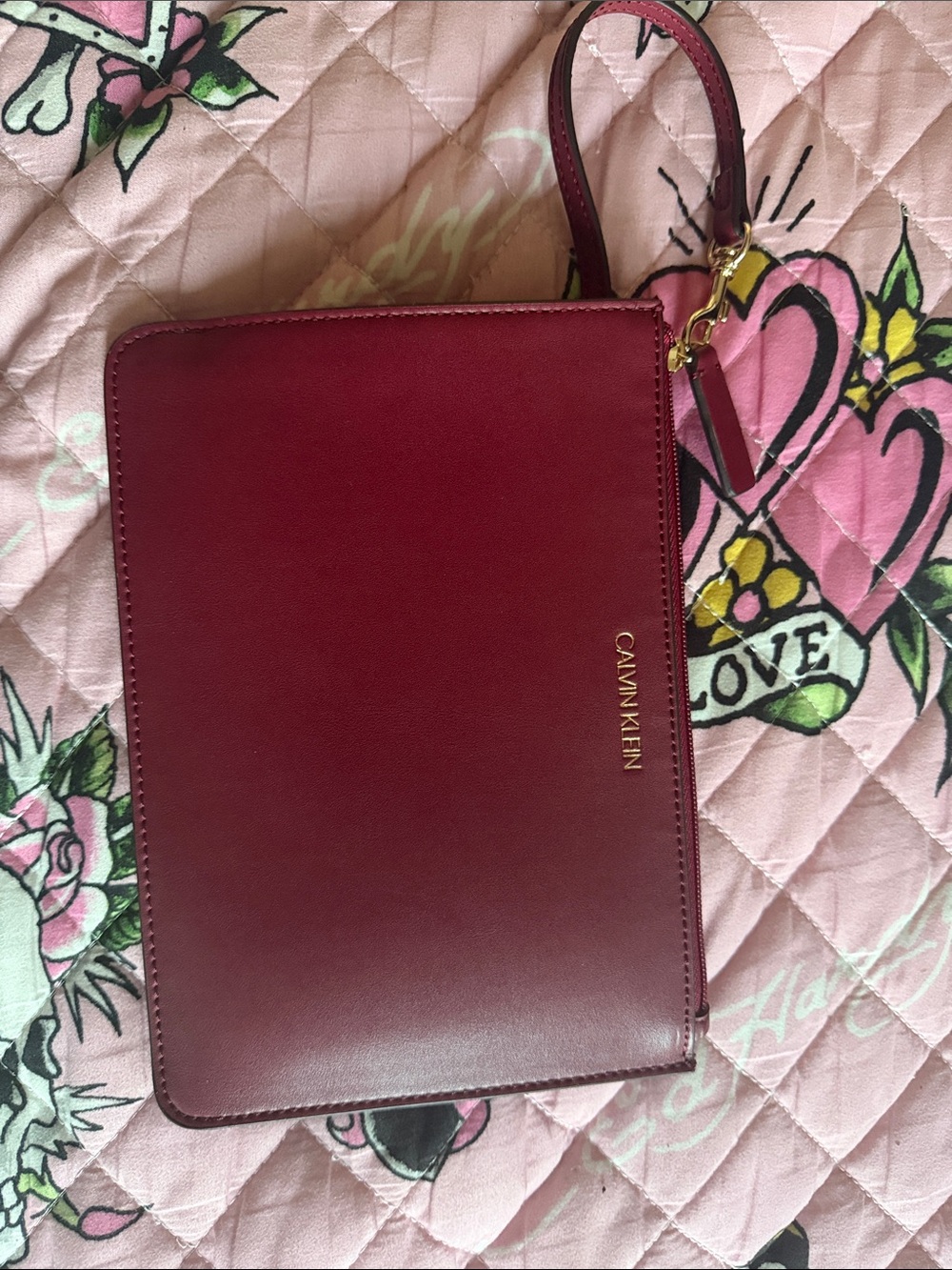 Calvin Klein Burgundy Leather Wristlet Clutch with Gold Hardware